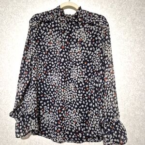 Ann Taylor Black and White Relaxed Mandarin Collar Blouse Floral Print..SIZE:XXL